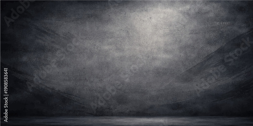 An empty vintage black chalkboard with a dark grunge texture on an aged concrete wall surface