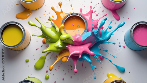 Colorful paint splash composition with open paint cans on white background