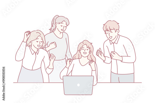 Successful women and man employees of startup rejoice and look at laptop screen. Young girl and guy make victory gesture after learning good news after video call in computer. Flat vector design