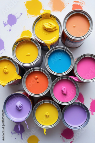 Open paint cans with colorful drips and stains on white background