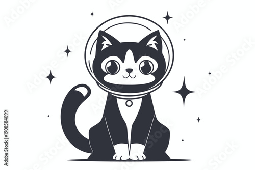 Sitting Cartoon Cat Astronaut with Space Helmet and Stars Isolated on White Backdrop