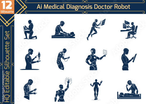 AI medical diagnosis doctor robot silhouette set for healthcare technology, robotic assistant and digital health innovation in hospital clinic.