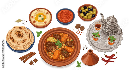 Traditional Middle Eastern cuisine displayed with various dishes and spices on a decorative table setting
