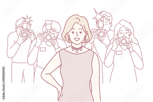 Smiling woman in evening dress posing for journalists during fashion show. Girl in beautiful necklace stands near photographers from fashion magazines and paparazzi. Flat vector illustration
