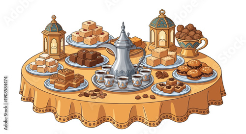 Assorted sweets and pastries displayed on a decorated round table with lanterns and a teapot, viewed from above in a festive environment