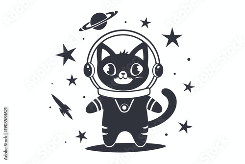 Silhouette Cat Astronaut with Planets and Stars, Space Exploration Design