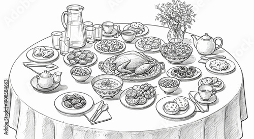 An overhead view of a round table with various dishes and food items arranged on a white tablecloth