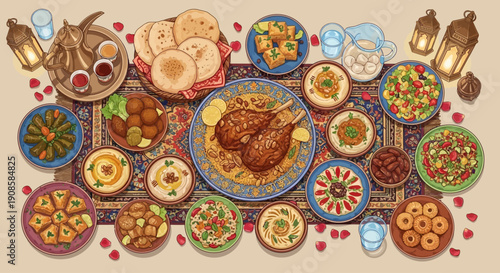 Assorted traditional dishes and desserts on a decorative tablecloth, viewed from above, featuring a variety of food and drinks