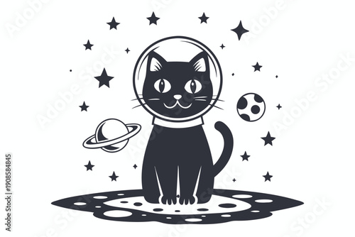 Cute Cat Astronaut In Space Helmet, Stars Background, HandDrawn