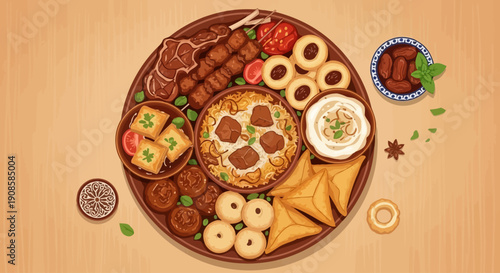 A vibrant platter of assorted dishes, including desserts and snacks, arranged on a wooden table, viewed from directly above.