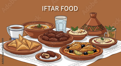 Assorted dishes on a table, featuring various foods and drinks, set for a meal, illustrated in a flat design style
