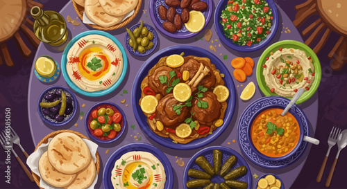 Assorted Middle Eastern cuisine on a round table with various dishes and condiments, viewed from above