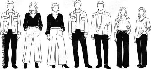 Collection of diverse men and women wearing trendy casual outfits and denim jackets in minimalist black and white line art,