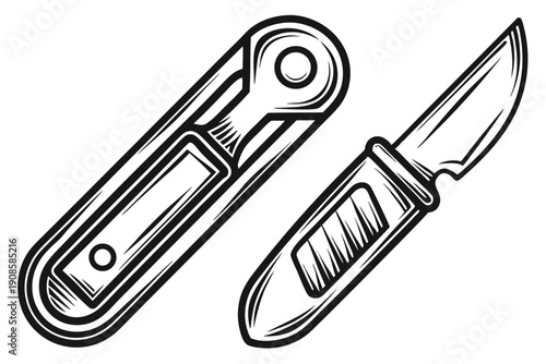 Folding Pocket Knife Icon. Open Blade Utility Knife, Black Silhouette on White. Sharp Tools