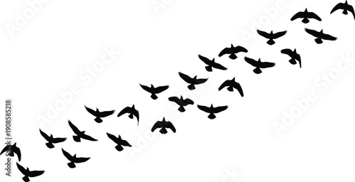 Flying bird silhouettes in diagonal formation, flock migration concept, black birds freedom symbol, minimalist nature vector illustration