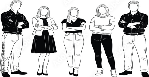 Collection of diverse professional men and women standing with arms crossed wearing smart casual business attire in minimalist black lineart,