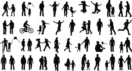 People and family silhouettes collection, parents children activities, walking running jumping figures, lifestyle community vector illustration isolated