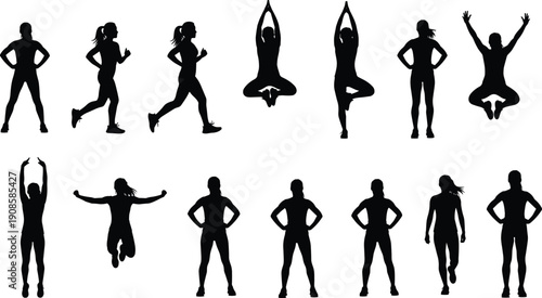 female fitness silhouettes, women workout poses, yoga running jumping exercises, healthy active lifestyle, black isolated athlete figures, vector set collection