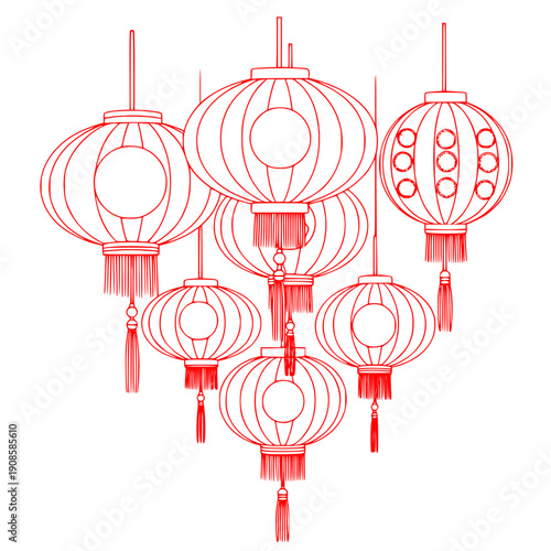 Traditional red lanterns in various sizes and designs hanging decoratively  