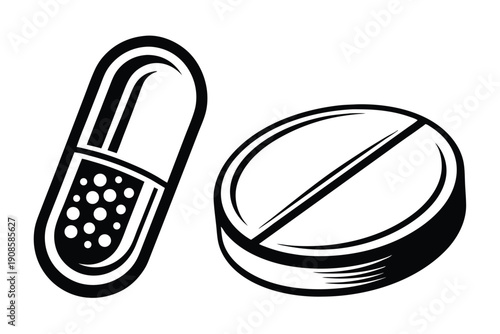 Pill and Capsule Icon Black & White Medical Tablet, Antibiotic, Drug, Medication