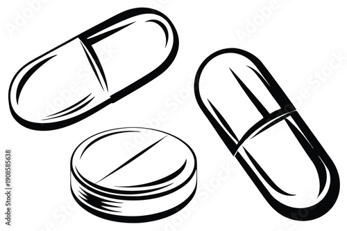 Black and white outline drawing of two capsule and one tablet shaped pills