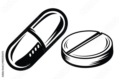 Black outline of Capsule and Round Pill isolated on white, pharmaceutical illustration