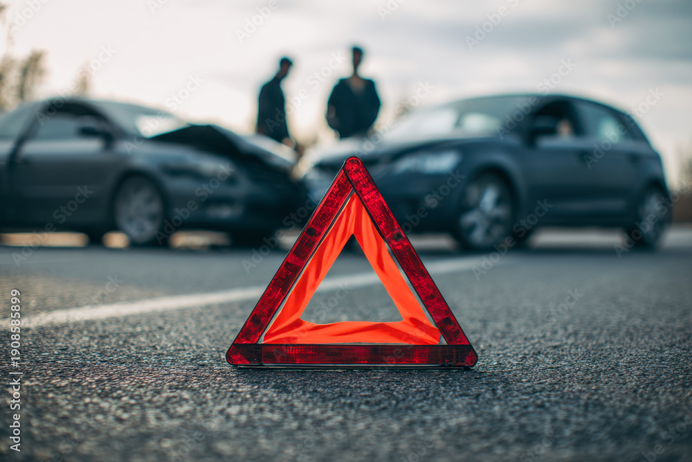 Ταπετσαρία Reflective emergency warning triangle placed on road in front of two damaged veh