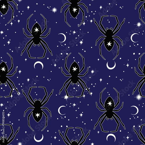 Mystical celestial spiders, moon and stars seamless pattern on dark blue background, vector eps 10