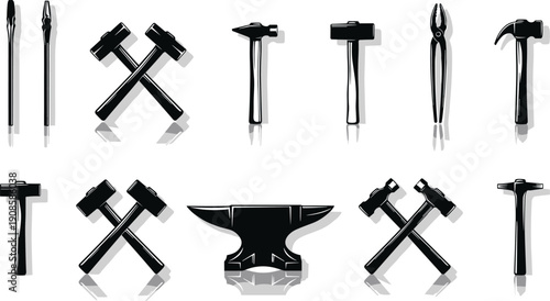 Blacksmith tools set, hammer icons, anvil silhouette, pliers equipment, metalwork instruments, construction toolkit illustration, industrial hand tools collection