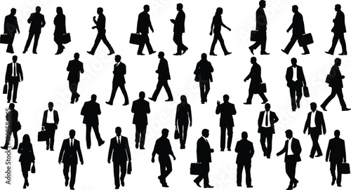 Business people silhouettes walking with briefcase representing corporate lifestyle professional career teamwork isolated on white background illustration set