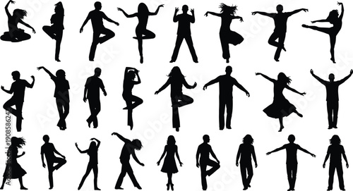 Dancing people silhouettes collection showing energetic moves modern lifestyle music freedom celebration isolated on white background illustration set
