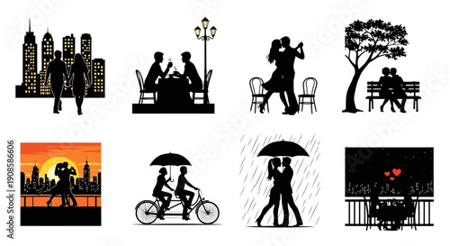 A collection of black silhouettes depicts romantic scenes in a city including couples walking dining and embracing high quality
