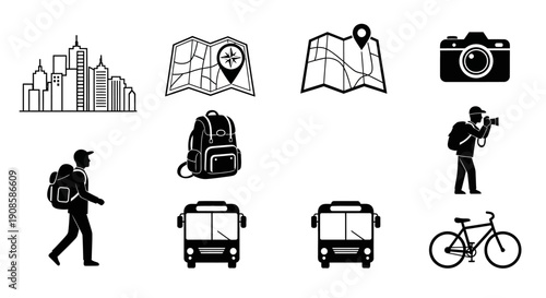 A collection of black and white icons depicts various elements related to travel tourism and city exploration high quality