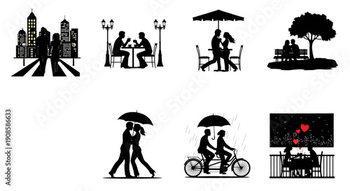 A collection of black silhouette icons depicting cityscapes couples and romantic scenes in a park high quality professional detailed
