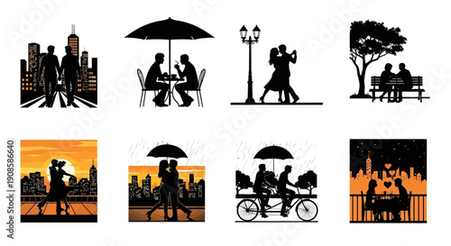 A collection of silhouetted scenes depicts couples enjoying romantic moments within urban and park settings high quality professional detailed