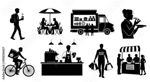 A collection of black silhouette icons depicting various aspects of outdoor food vending and dining high quality professional detailed