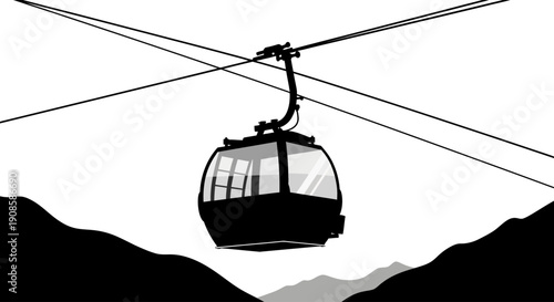 A minimalist black silhouette depicts a cable car suspended by wires against a stark white background and mountains