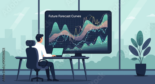 Businessman sitting at a desk analyzing forecast graphs on a large computer monitor in a modern office with a city view.