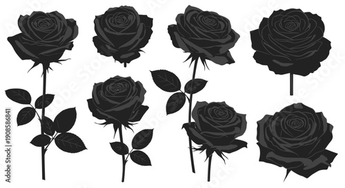 A collection of eight black silhouettes depicting roses in various stages of bloom with slender stems and leaves
