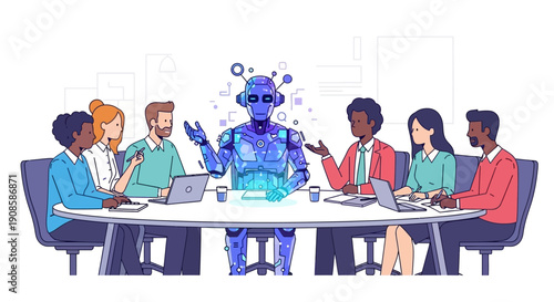 Diverse group of business professionals collaborating with a blue robot at a conference table with laptops and papers in a modern office setting with a technological mood.
