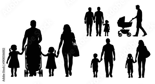 A collection of black silhouette figures depicts diverse families walking and spending time together outdoors high quality professional detailed