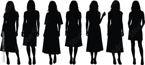 Collection of seven black female silhouettes wearing summer dresses and casual outfits standing in various poses isolated on white background,