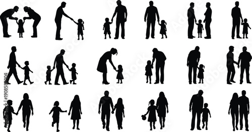 Family silhouettes collection isolated on white background parents walking holding hands with children parenting love black vector illustration set