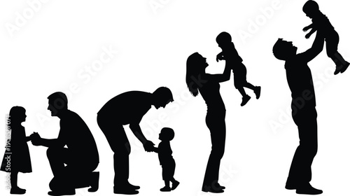 Family love silhouettes isolated on white background parents playing with children father mother parenting childhood black vector illustration