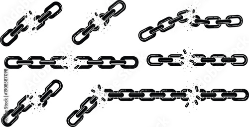 Broken chain silhouettes set, metal link break illustration, security concept icons, strength resistance symbol, industrial design bundle