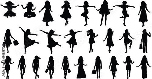 Female silhouettes collection isolated on white background women dancing walking jumping fashion poses black vector illustration set