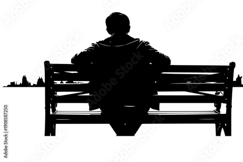 Person Sitting Alone on Park Bench Back View Vector Silhouette for Solitude Quiet Moments and Urban Relaxation