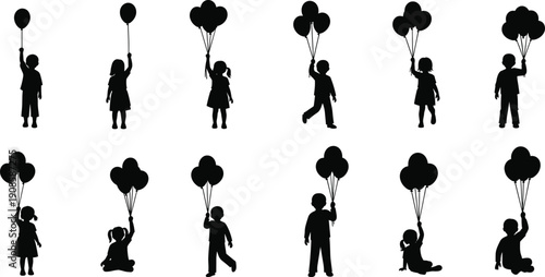 Children silhouettes with balloons set, kids celebration poses, playful childhood collection, party happiness illustration, festive design bundle