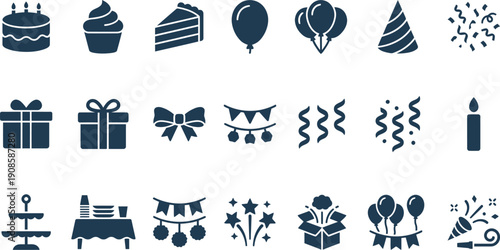 A comprehensive collection of birthday party and celebration vector icons, perfect for event planning and festive design projects