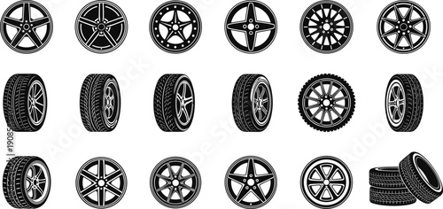 Car wheel rims set, alloy tire collection, automotive wheel icons, vehicle rim silhouettes, transport design illustration bundle